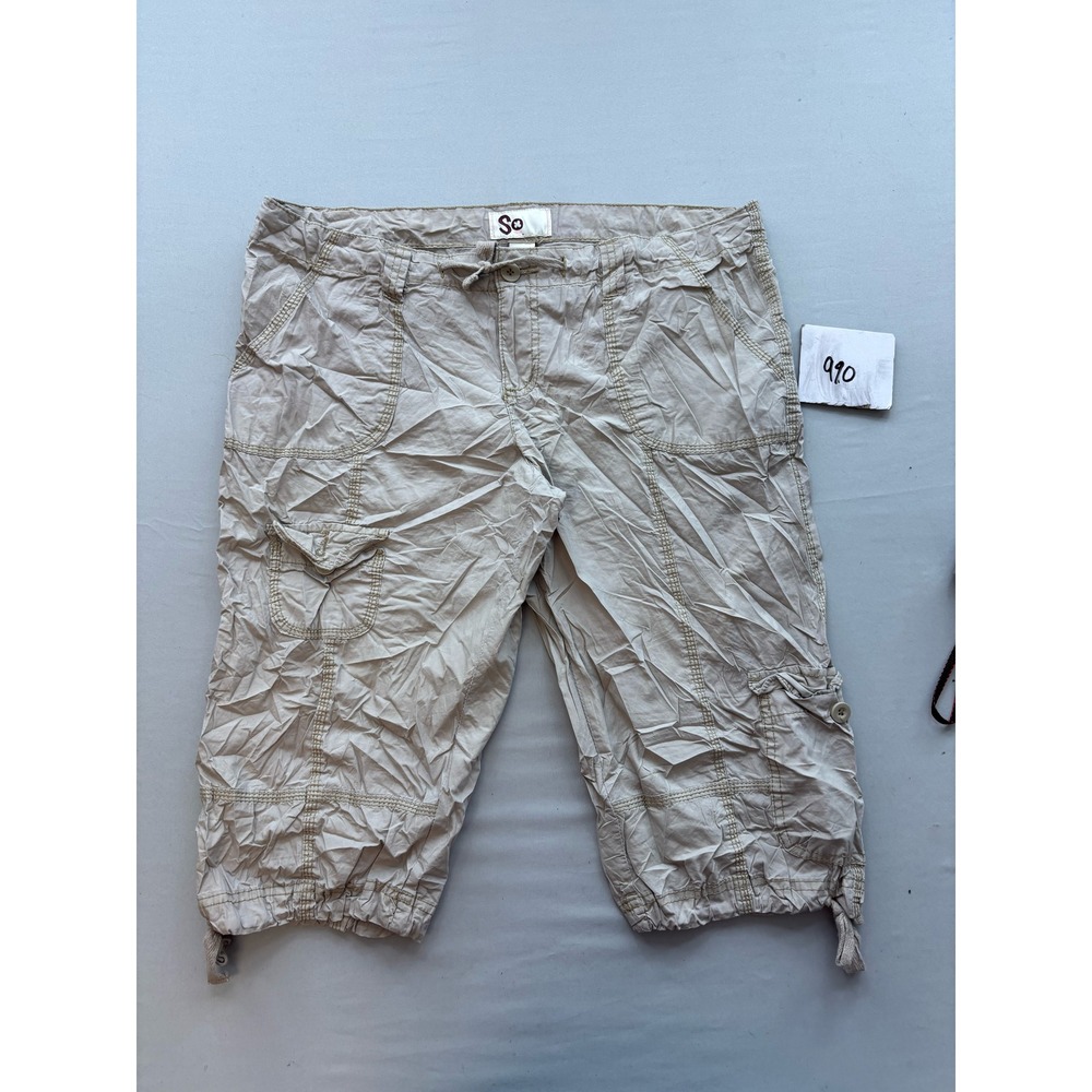 SO Khaki Cargo Capri Pants Womens 15 Tan Cotton Utility Crop Drawstring Hem